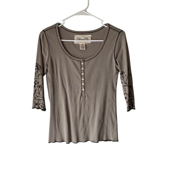 Aventura XS Organic Cotton 3/4 Flutter Sleeve Henley Biege Hippie Gronola Top - Picture 1 of 8